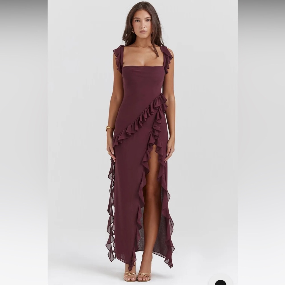 Asymmetrical Ruffle Maxi Dress in Deep Plum